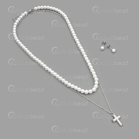 4007-0105-76 - Acier Inoxydable Ensemble Collier Double et Boucle d'Oreille Bille Acrylique Rond 6mm Blanc 16po Chaine Forcat 20po avec Breloque Croix 21x13mm et Boucle d'Oreille Tige 6mm Naturel 1 Ensemble 4007-0105-76,Billes acrylique,montreal, quebec, canada, beads, wholesale