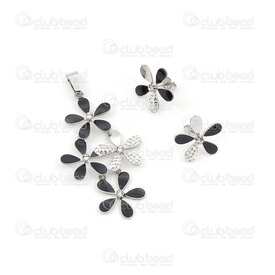 4007-0108-84BLK - Stainless steel earring and pendant set Flower 53x32mm, 18mm with rhinestone Natural-Black 1set 4007-0108-84BLK,Finished jewelry,montreal, quebec, canada, beads, wholesale