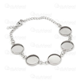 4007-0211-5612 - Stainless Steel Bracelet with 12mm Bezel Cup 5 cups Links 20cm Natural 1pc 4007-0211-5612,Cabochons,montreal, quebec, canada, beads, wholesale