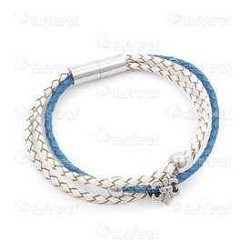 4007-0212-20 - braided leather bracelet magnetic clasp with Flueur de lys bead, 1 blue , 2 white 4007-0212-20,fermoir cuir,montreal, quebec, canada, beads, wholesale
