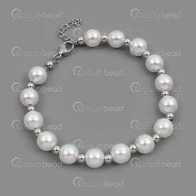 4007-0213-100 - Stainless Steel 304 Cable Chain with Acrylic Pearl 8mm White Round and 4mm Round Bead 17.5cm (6.5in) Bracelet with Chain Extender 30mm Natural 1pc 4007-0213-100,inox perles,montreal, quebec, canada, beads, wholesale