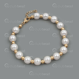 4007-0213-100GL - Stainless Steel 304 Cable Chain with Acrylic Pearl 8mm White Round and 4mm Round Bead 17.5cm (6.5in) Bracelet with Chain Extender 30mm Gold Plated 1pc 4007-0213-100GL,chaîne forçat,montreal, quebec, canada, beads, wholesale