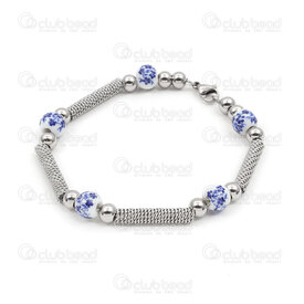 4007-0213-432 - Stainless Steel bracelet 8mm round ceramic bead cobalt flower white base and flexible tube bead 24x4.5mm Natural 21cm lenght 1pc 4007-0213-432,montreal, quebec, canada, beads, wholesale