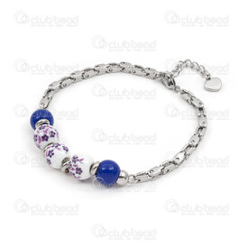 4007-0213-442 - Stainless Steel bracelet 10mm round ceramic bead cobalt-purple flower with white base Natural Venitian chain heart charm end chain 21cm lenght 1pc 4007-0213-442,Finished jewelry,montreal, quebec, canada, beads, wholesale