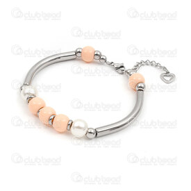 4007-0213-452 - Stainless Steel bracelet 8mm round pearl glass bead salmon-off white and curve bead tube 44x5mm Natural 20cm lenght 1pc 4007-0213-452,montreal, quebec, canada, beads, wholesale
