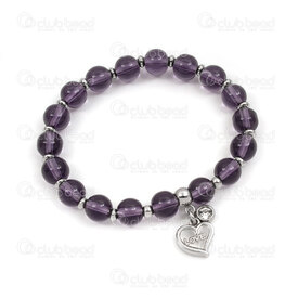 4007-0213-66 - Stainless Steel Bracelet Glass Bead Amethyst Round 8mm with 12mm Heart Charm Natural 1pc 4007-0213-66,Finished jewelry,montreal, quebec, canada, beads, wholesale