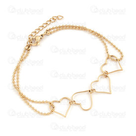4007-0213-96GL - Stainless Steel 304 Ball Chain 1.5mm with Hollow Charm Heart 12.5x13mm Bracelet  18cm (7in) with Chain Extender 30mm Gold Plated 1pc 4007-0213-96GL,os,montreal, quebec, canada, beads, wholesale