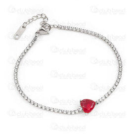 4007-0213-992 - Stainless Steel 304 Crystal Cubic Zircon Chain 2mm with Ruby Cubic Zircon Heart 9x9x6mm 18.5cm (7in) Bracelet with Chain Extender 35mm and Rectangle Plate Charm 11x3.5mm Natural 1pc 4007-0213-992,ru,montreal, quebec, canada, beads, wholesale