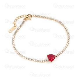 4007-0213-992GL - Stainless Steel 304 Crystal Cubic Zircon Chain 2mm with Ruby Cubic Zircon Heart 9x9x6mm 18.5cm (7in) Bracelet with Chain Extender 35mm and Rectangle Plate Charm 11x3.5mm Gold Plated 1pc 4007-0213-992GL,Crystal 2mm,montreal, quebec, canada, beads, wholesale