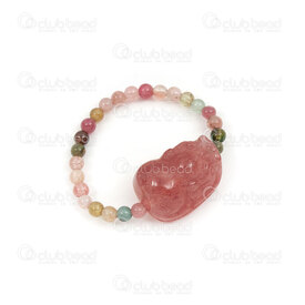 4007-0216-20 - Natural Semi Precious Stone Bead Finger Ring with Strawberry Quartz Pixiu Bead and Tourmaline Round 2.8mm on Elastic 1pc 4007-0216-20,bague,montreal, quebec, canada, beads, wholesale