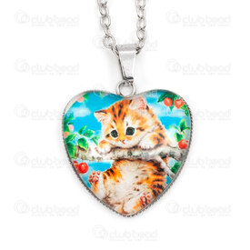 4007-0315-26 - Stainless Steel Heart Pendant Kitten and Tree 27x22.5x6mm and Cable Chain 2.5x3mm Soldered 22" Necklace with Chain Extender 50mm and Charm Natural 1pc 4007-0315-26,chaton,montreal, quebec, canada, beads, wholesale
