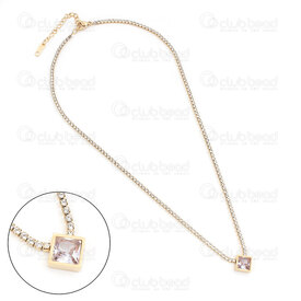 4007-0315-38GL - Stainless Steel 304 Crystal Cubic Zircon Chain 2mm with Crystal Cubic Zircon Diamond Pendant 12x4mm 42cm (16.6in) Necklace with Extender Chain 53mm and Rectangle Plate Charm 11x3.5mm Gold Plated 1pc 4007-0315-38GL,Acier inoxydable pendentifs,montreal, quebec, canada, beads, wholesale