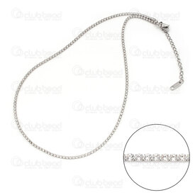 4007-0315-52 - Stainless Steel 304 Crystal Cubic Zircon Chain 2mm 42cm (16.5in) Necklace with Chain Extender 35mm Rectangle Plate Charm 11x3.5mm Natural 1pc 4007-0315-52,Finished jewelry,Stainless steel,montreal, quebec, canada, beads, wholesale