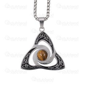 4007-0315-58 - Stainless Steel 304 Pendant Triquetra 30x30x1.5mm with Tiger Eye Stone and Bail with Box Chain 2.5mm 24in Necklace Natural 1pc 4007-0315-58,tiger,montreal, quebec, canada, beads, wholesale