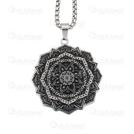4007-0315-60 - Stainless Steel 304 Pendant Flower of Life Mandala 37.5x33x1.5mm with Bail and Box Chain 2.5mm 24in Necklace Natural 1pc 4007-0315-60,LS,montreal, quebec, canada, beads, wholesale