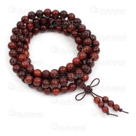 4007-0412-2-8mm - Wood Rosary Mala Round 8mm Red Rosewood Dyed On elastic cord (108 beads) 1pc 4007-0412-2-8mm,bille bois,montreal, quebec, canada, beads, wholesale