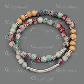 4007-1105-0608 - Ceramic Bracelet 6mm Royal Chinese Color with Wood Bead and Metal Tube on Elastic 12in (30cm) 1pc 4007-1105-0608,bille de bois,montreal, quebec, canada, beads, wholesale